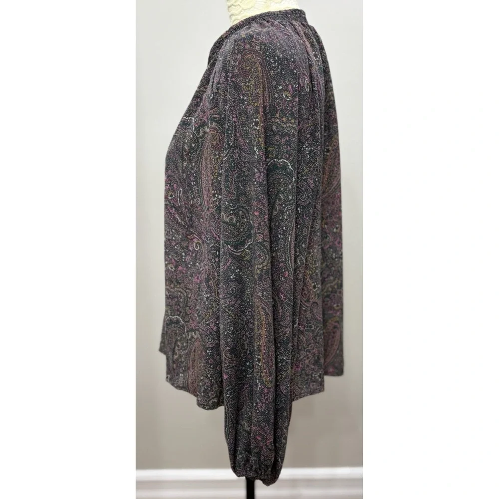 NEW Evereve Womens L Kyra Paisley Blouse Smocked V Neck Balloon Sleeve Boho USA